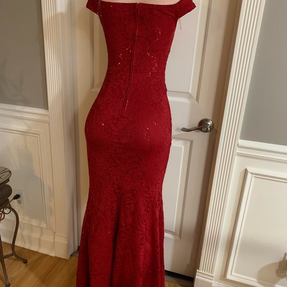 Women junior red lace sequins shoulder off maxi dress size (S) zipper back - Picture 13 of 13